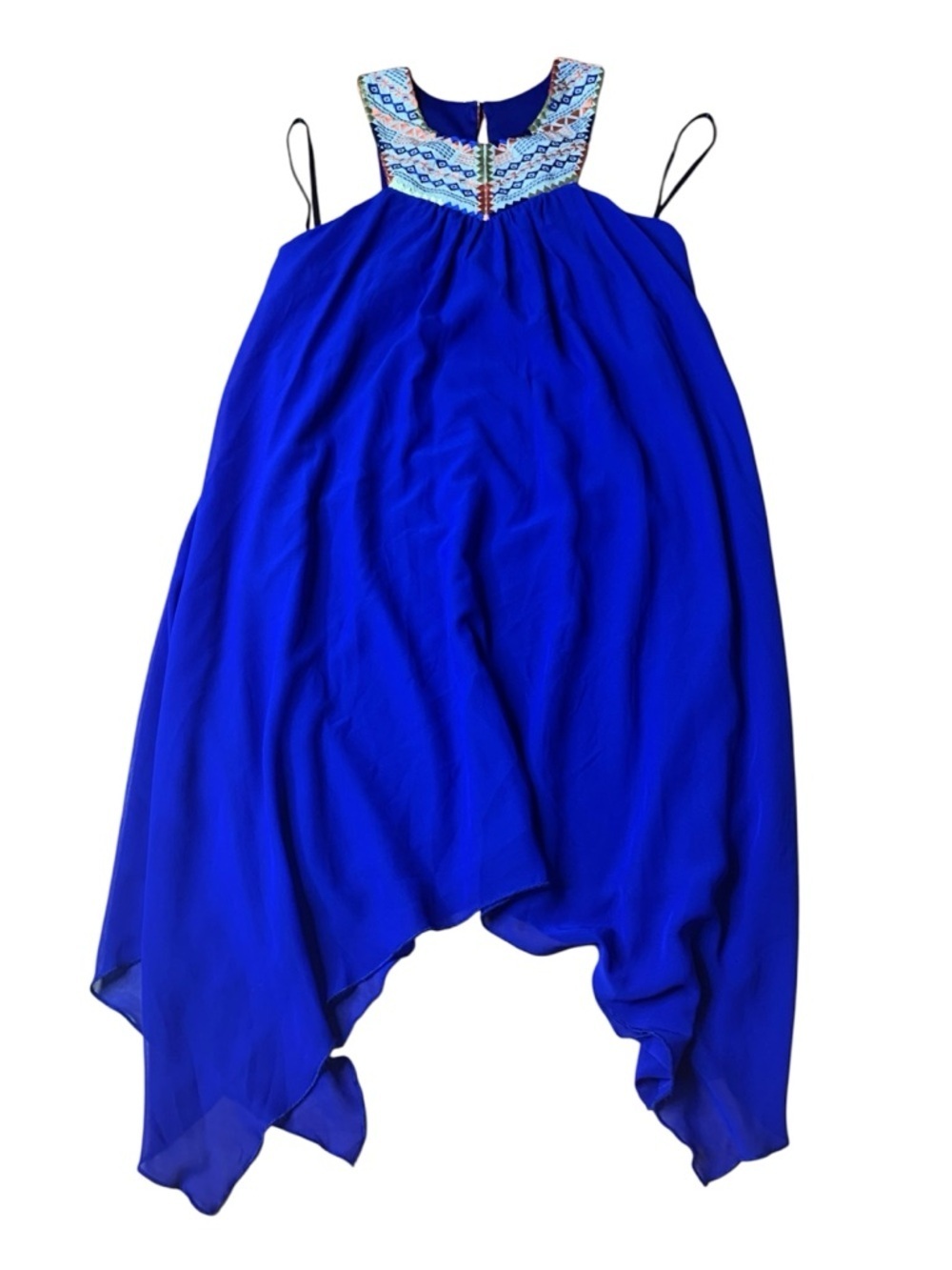 City Studio Blue Embroidered Halter Dress - Handkerchief Hem - Small